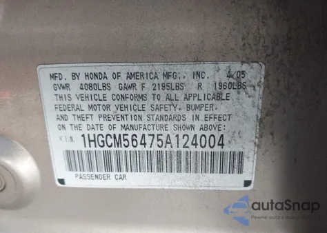 2005 Honda Accord 2.4 Lx z USA, uszkodzony, nr VIN 1HGCM56475A124004